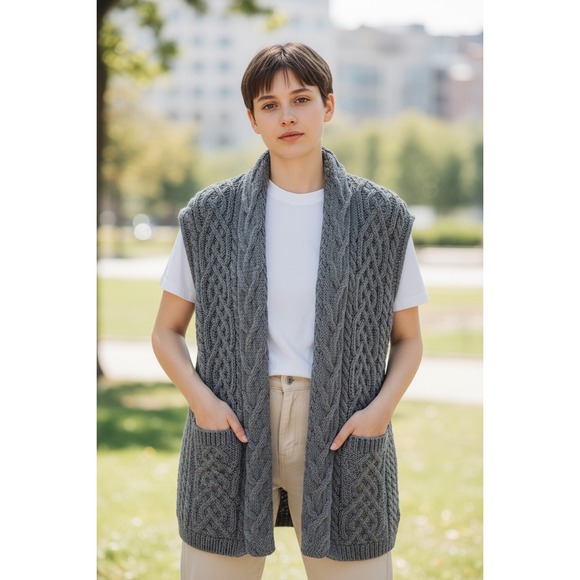 Kilronan Knitwear Jackets & Blazers - Kilronan Knitwear Merino Wool Cable‎ Knit Vest Purple Ireland Made Shawl Collar